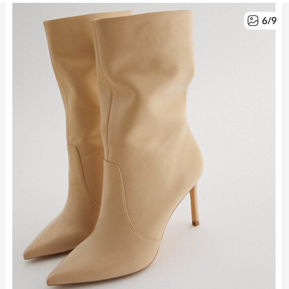 Zara Women's Beige Leather Heeled Boots